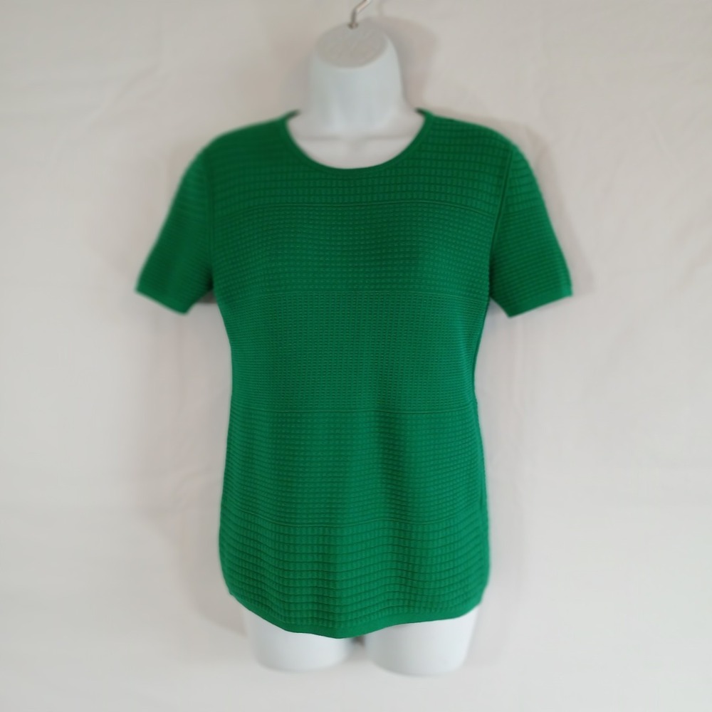 Hugo Boss Women Top Green Textured Short Sleeve Sz M Career Academia Travel